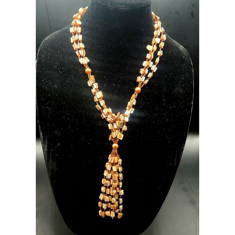 VTG.Mother Of Pearl Shell Multi Strand Tassel Necklace Glass Beads Hand Made 17”